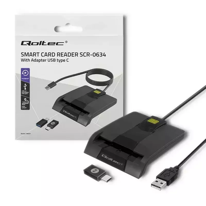 Kortelių skaitytuvas QOLTEC 50634 USB Type-C, ABS korpusas, 90×69 mm, 1,0 m kabelis, juodas