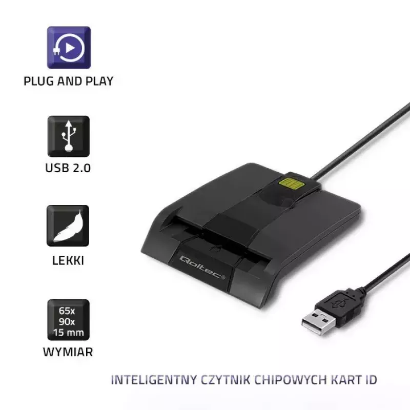 Kortelių skaitytuvas QOLTEC 50634 USB Type-C, ABS korpusas, 90×69 mm, 1,0 m kabelis, juodas
