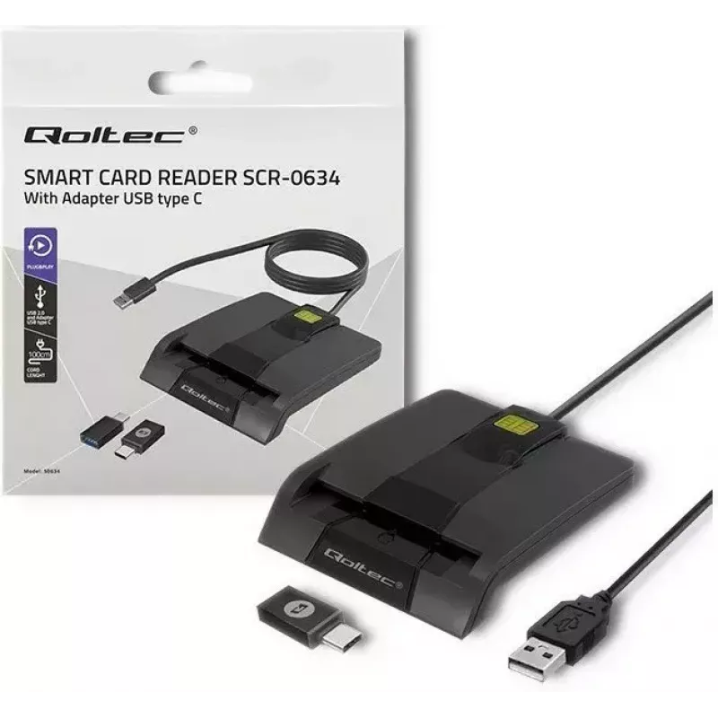 Kortelių skaitytuvas QOLTEC 50634 USB Type-C, ABS korpusas, 90×69 mm, 1,0 m kabelis, juodas