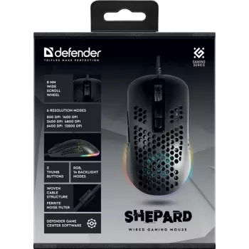 Žaidimų pelė DEFENDER SHEPARD GM-620L – optinė, dešinei rankai, iki 12800 DPI, 7 mygtukai, USB Type-A, juoda, 1,7 m laidas