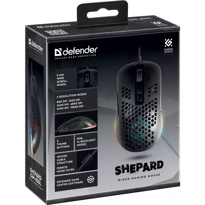 Žaidimų pelė DEFENDER SHEPARD GM-620L – optinė, dešinei rankai, iki 12800 DPI, 7 mygtukai, USB Type-A, juoda, 1,7 m laidas