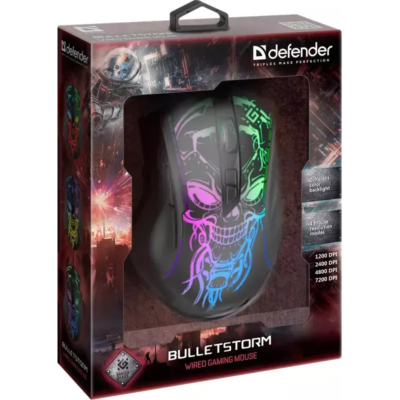 Žaidimų pelė DEFENDER BULLETSTORM GM-928 – optinė, 7200 DPI, ambidekstrinė, 6–7 mygtukai, USB Type-A, juoda