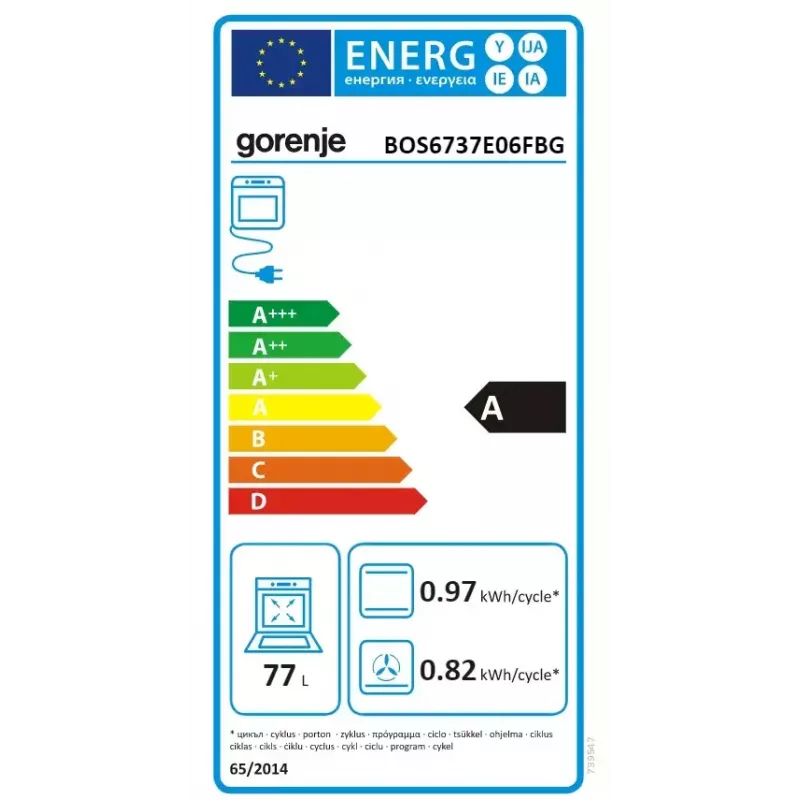 Įmontuojama orkaitė Gorenje BOS6737E06FBG — 77 L, daugiafunkcė, EcoClean, garai, konvekcija, mechaninis valdymas, 59,5×59,5 cm, juoda