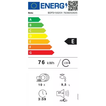 Siauroji indaplovė Beko BDFS15020X, 10 komplektų, 45 cm, 47 dB, 5 programų, inverterinis variklis