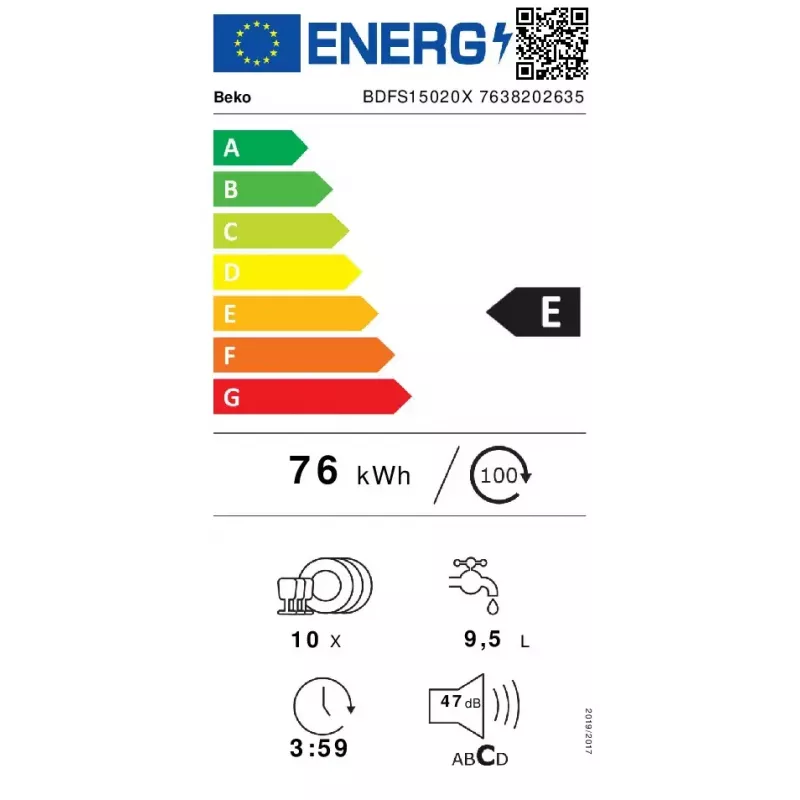 Siauroji indaplovė Beko BDFS15020X, 10 komplektų, 45 cm, 47 dB, 5 programų, inverterinis variklis