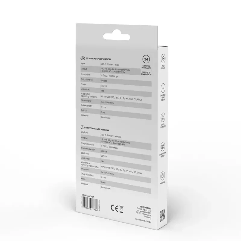USB-C stotelė SAVIO AK-57, 3× USB-A, RJ-45 Gigabit Ethernet (5000 Mbit/s), aliuminis pilka
