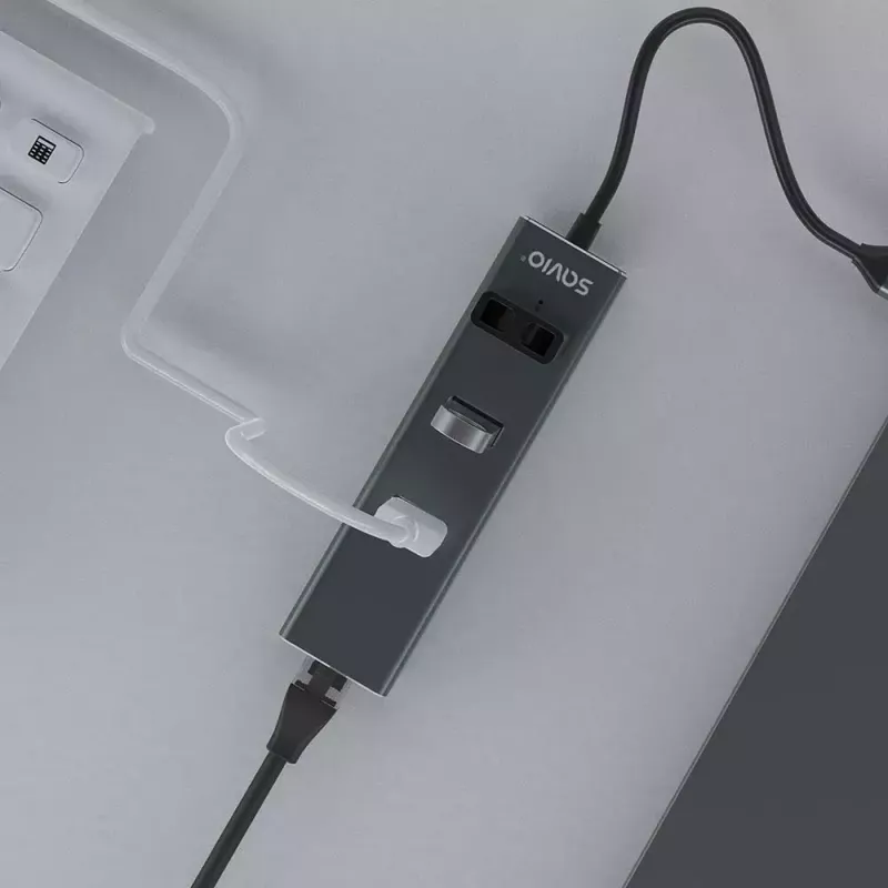 USB-C stotelė SAVIO AK-57, 3× USB-A, RJ-45 Gigabit Ethernet (5000 Mbit/s), aliuminis pilka