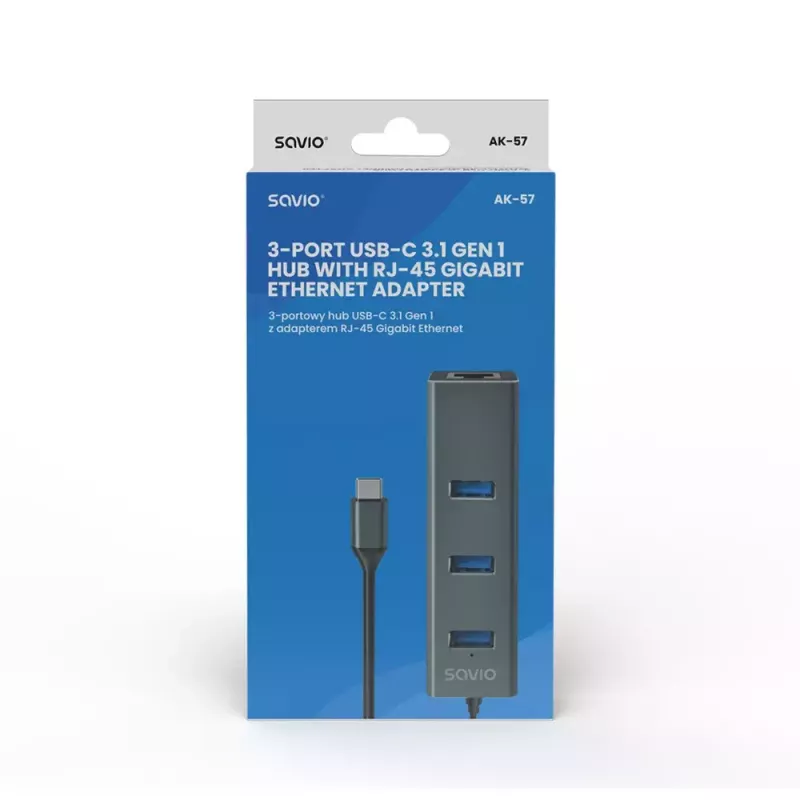 USB-C stotelė SAVIO AK-57, 3× USB-A, RJ-45 Gigabit Ethernet (5000 Mbit/s), aliuminis pilka