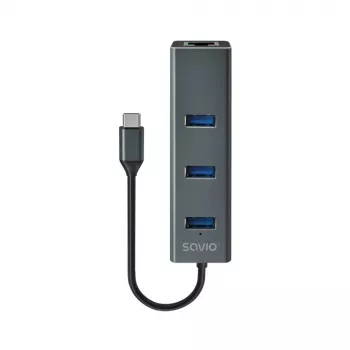 USB-C stotelė SAVIO AK-57, 3× USB-A, RJ-45 Gigabit Ethernet (5000 Mbit/s), aliuminis pilka