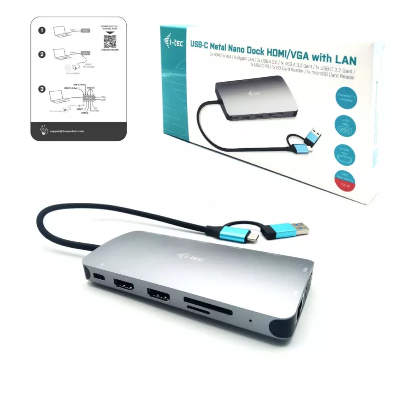 i-tec USB 3.0 USB-C/Thunderbolt 3x Display Metal Nano Dock su LAN ir Power Delivery 100 W
