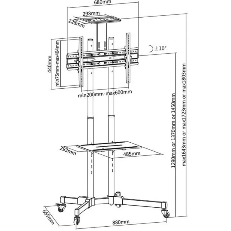 Pertvarinis stovas TECHLY ICA-TR16T 37 inch–70 inch ekranams, VESA 200x200–600x400, iki 50 kg, reguliuojamas aukštis, ratukai, pakreipimas ±10° (juodas)