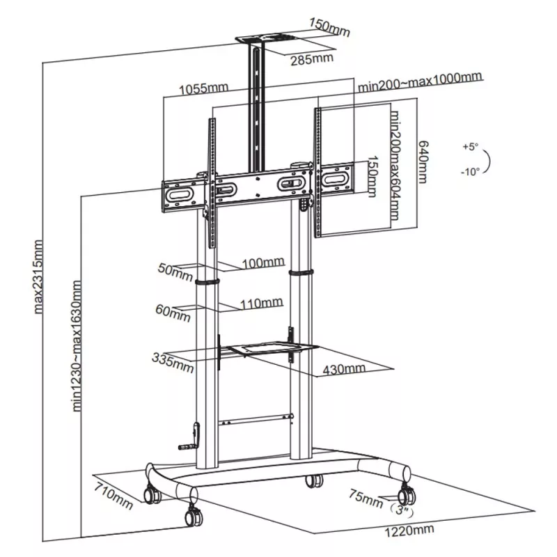 Techly Steel Trolley Floor Support reguliuojamo aukščio, TV nuo 60'' iki 100''