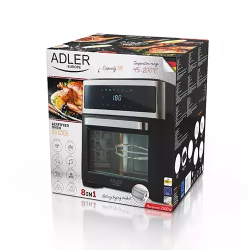 Karšto oro gruzdintuvė-oraitė Adler AD 6309 13 L 2500 W Juoda/Sidabrinė, liečiamas valdymas, rotiseris