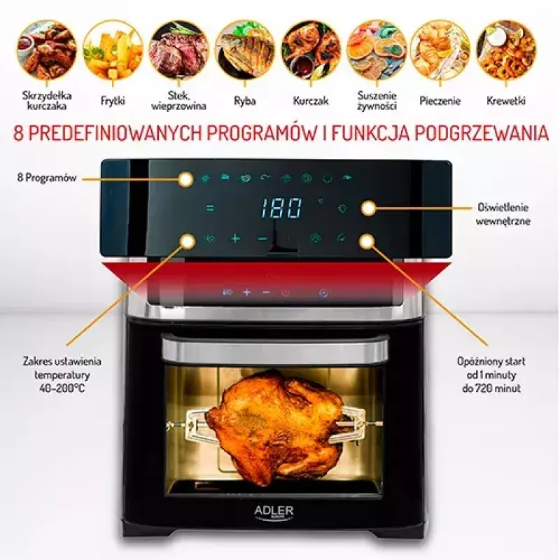 Karšto oro gruzdintuvė-oraitė Adler AD 6309 13 L 2500 W Juoda/Sidabrinė, liečiamas valdymas, rotiseris