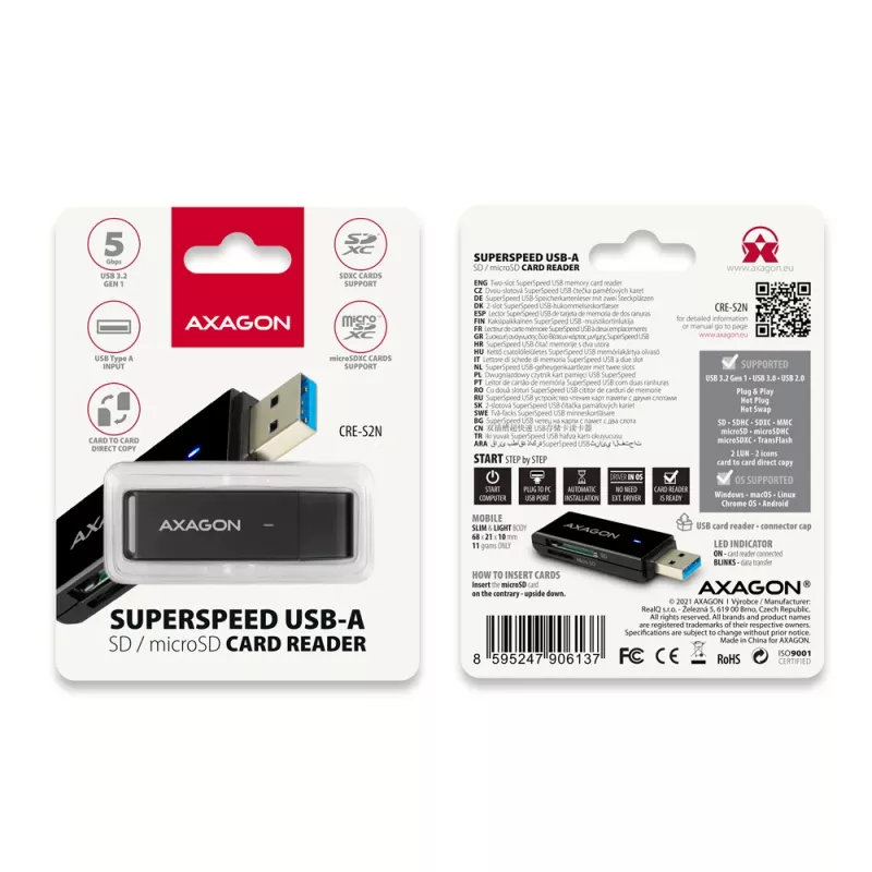 Card Reader Axagon CRE-S2N USB 3.2 Gen 1 Type-A Juodas