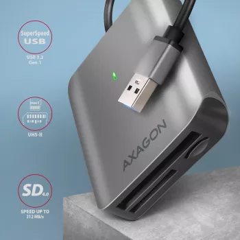 „Axagon CRE-S3“ išorinis USB-A 3.2 Gen 1 3 lizdų SD/microSD/CF kortelių skaitytuvas, USB 3.2 Gen 1 (3.1 Gen 1) Type-A, pilkas