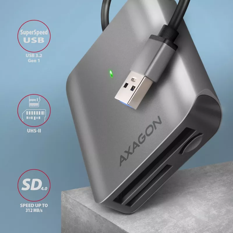 „Axagon CRE-S3“ išorinis USB-A 3.2 Gen 1 3 lizdų SD/microSD/CF kortelių skaitytuvas, USB 3.2 Gen 1 (3.1 Gen 1) Type-A, pilkas