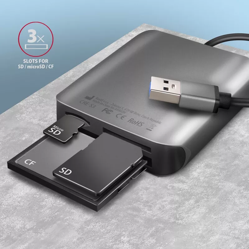 „Axagon CRE-S3“ išorinis USB-A 3.2 Gen 1 3 lizdų SD/microSD/CF kortelių skaitytuvas, USB 3.2 Gen 1 (3.1 Gen 1) Type-A, pilkas