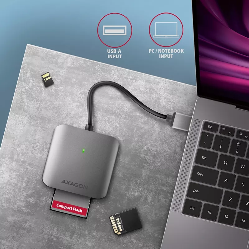 „Axagon CRE-S3“ išorinis USB-A 3.2 Gen 1 3 lizdų SD/microSD/CF kortelių skaitytuvas, USB 3.2 Gen 1 (3.1 Gen 1) Type-A, pilkas