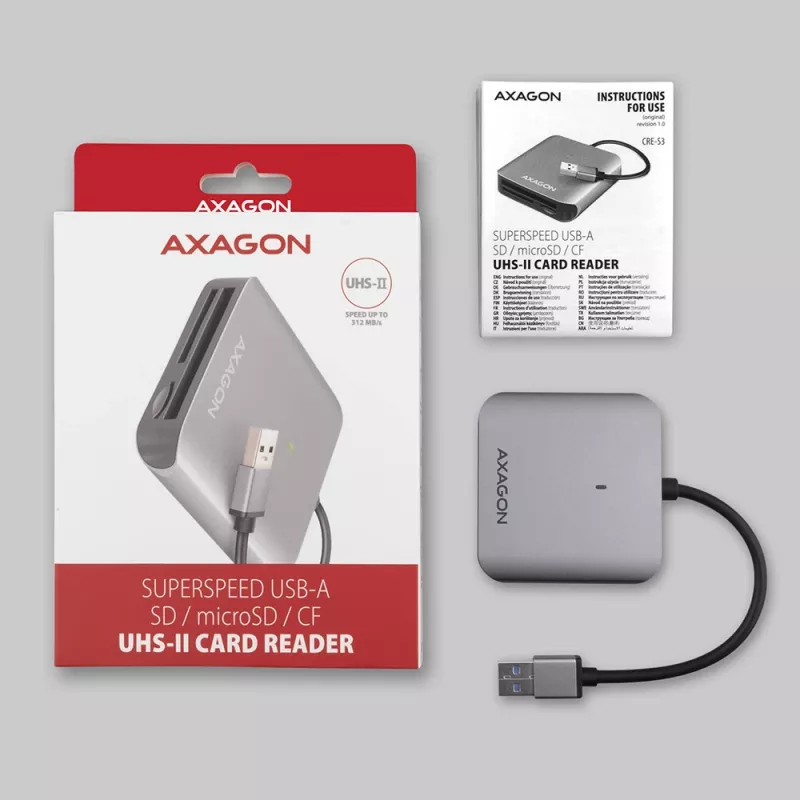 „Axagon CRE-S3“ išorinis USB-A 3.2 Gen 1 3 lizdų SD/microSD/CF kortelių skaitytuvas, USB 3.2 Gen 1 (3.1 Gen 1) Type-A, pilkas