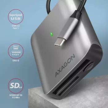 „Axagon CRE-S3C“ aliumininė didelės spartos USB-C 3.2 Gen 1 atminties kortelių skaitytuvas, 3 lizdai, UHS-II