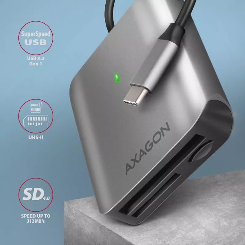 „Axagon CRE-S3C“ aliumininė didelės spartos USB-C 3.2 Gen 1 atminties kortelių skaitytuvas, 3 lizdai, UHS-II