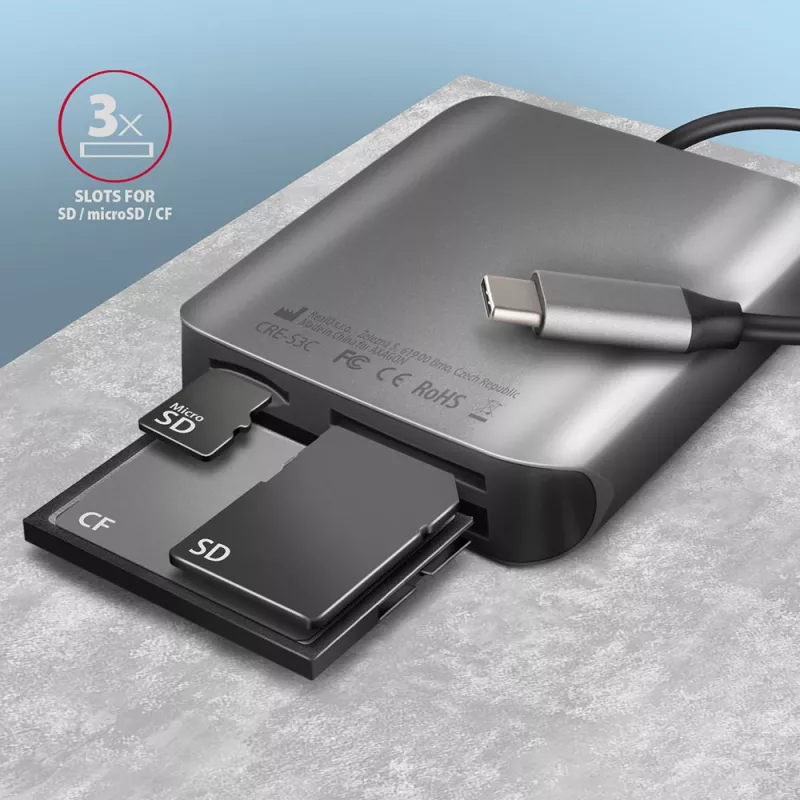 „Axagon CRE-S3C“ aliumininė didelės spartos USB-C 3.2 Gen 1 atminties kortelių skaitytuvas, 3 lizdai, UHS-II