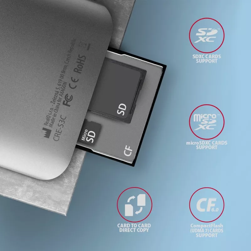 „Axagon CRE-S3C“ aliumininė didelės spartos USB-C 3.2 Gen 1 atminties kortelių skaitytuvas, 3 lizdai, UHS-II