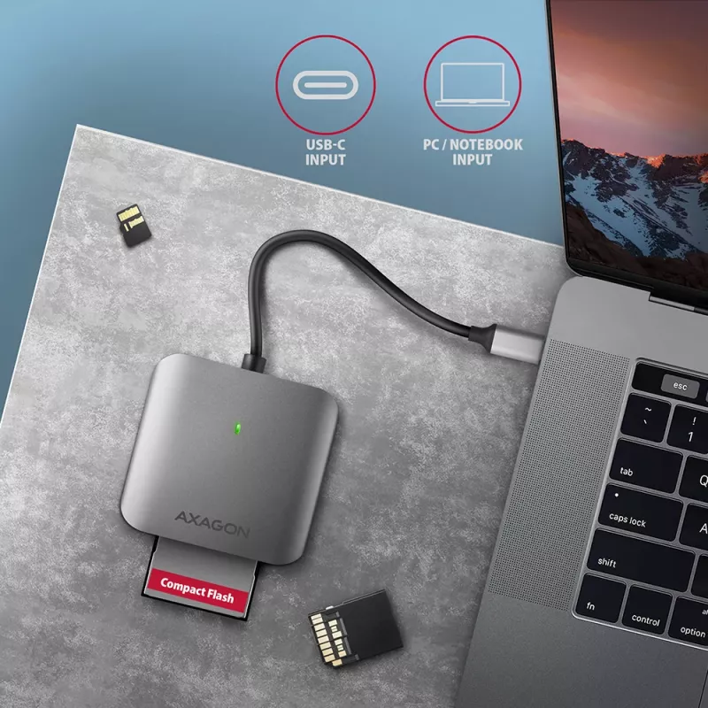 „Axagon CRE-S3C“ aliumininė didelės spartos USB-C 3.2 Gen 1 atminties kortelių skaitytuvas, 3 lizdai, UHS-II
