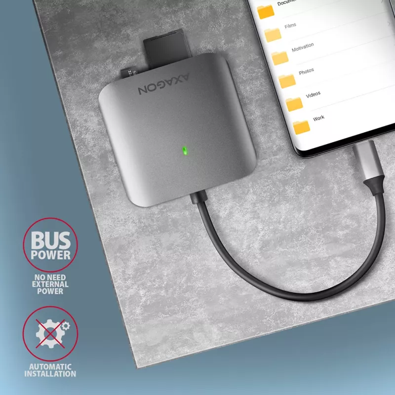 „Axagon CRE-S3C“ aliumininė didelės spartos USB-C 3.2 Gen 1 atminties kortelių skaitytuvas, 3 lizdai, UHS-II