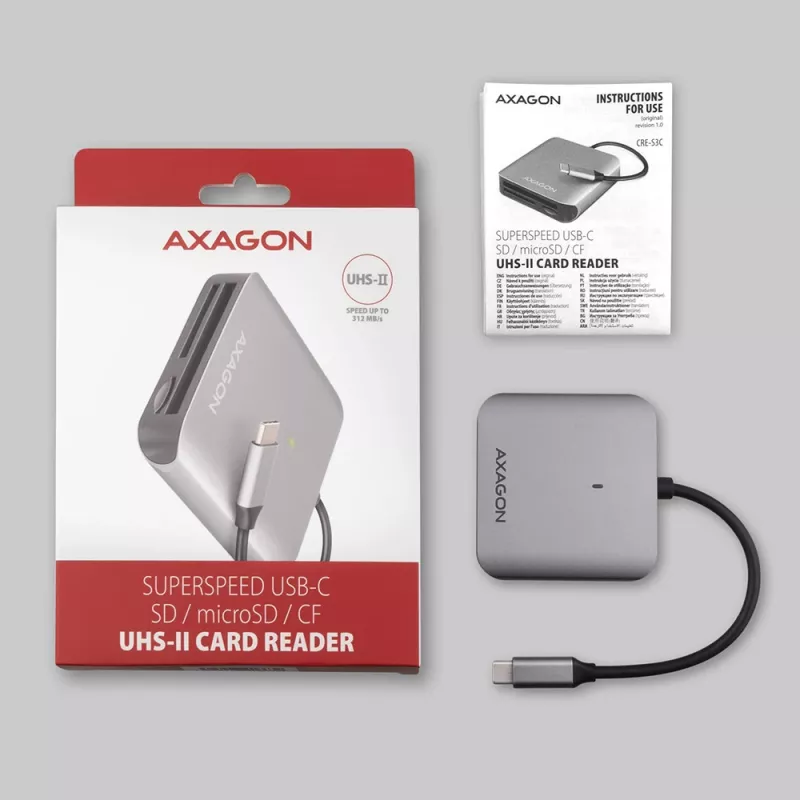 „Axagon CRE-S3C“ aliumininė didelės spartos USB-C 3.2 Gen 1 atminties kortelių skaitytuvas, 3 lizdai, UHS-II