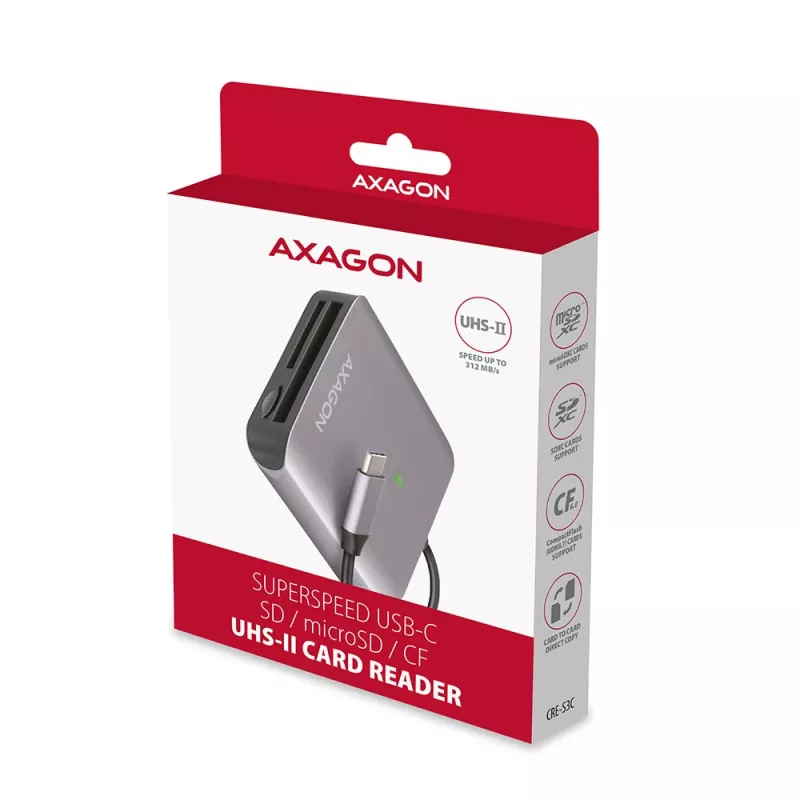 „Axagon CRE-S3C“ aliumininė didelės spartos USB-C 3.2 Gen 1 atminties kortelių skaitytuvas, 3 lizdai, UHS-II