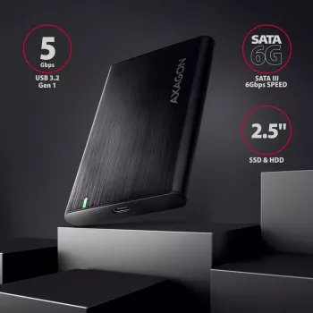 AXAGON EE25-A6C 2,5 inch HDD/SSD korpusas — SATA, USB 3.2 Gen 1 (Type-C ir Type-A), aliuminis, juodas