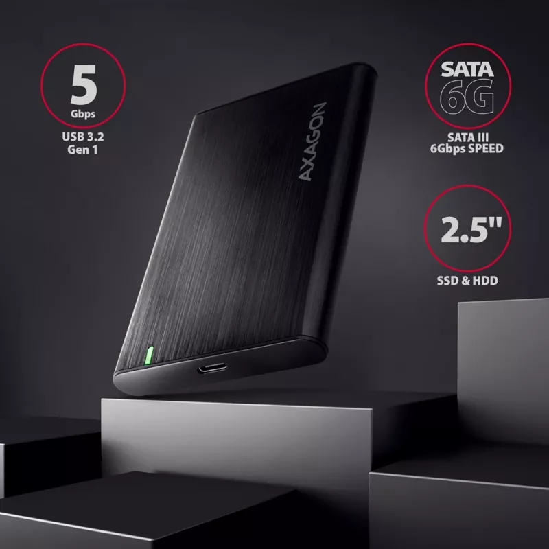 AXAGON EE25-A6C 2,5 inch HDD/SSD korpusas — SATA, USB 3.2 Gen 1 (Type-C ir Type-A), aliuminis, juodas