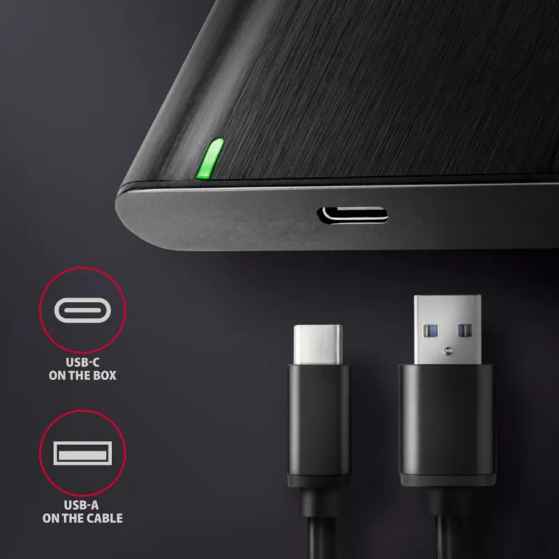 AXAGON EE25-A6C 2,5 inch HDD/SSD korpusas — SATA, USB 3.2 Gen 1 (Type-C ir Type-A), aliuminis, juodas