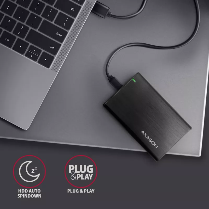 AXAGON EE25-A6C 2,5 inch HDD/SSD korpusas — SATA, USB 3.2 Gen 1 (Type-C ir Type-A), aliuminis, juodas