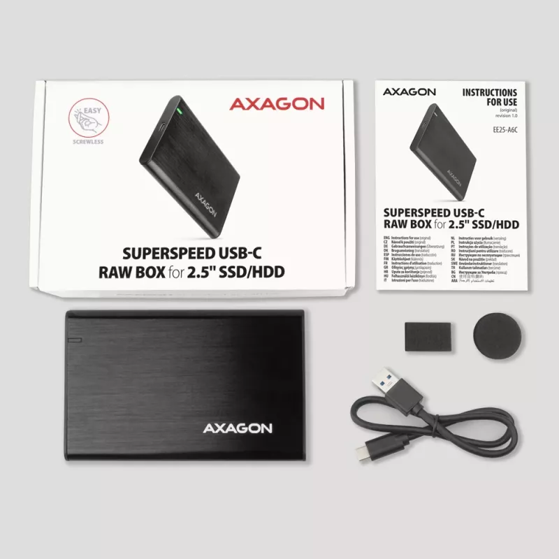 AXAGON EE25-A6C 2,5 inch HDD/SSD korpusas — SATA, USB 3.2 Gen 1 (Type-C ir Type-A), aliuminis, juodas
