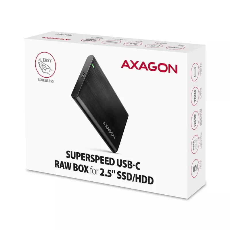 AXAGON EE25-A6C 2,5 inch HDD/SSD korpusas — SATA, USB 3.2 Gen 1 (Type-C ir Type-A), aliuminis, juodas