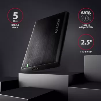 AXAGON EE25-A6M išorinis HDD/SSD dėklas – 2,5 colio SATA, USB 3.2 Gen 1 (5 Gbit/s), Micro-USB B į USB Type-A, aliuminis, juodas