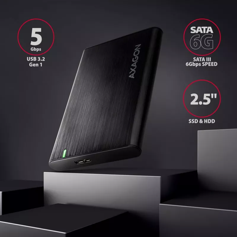 AXAGON EE25-A6M išorinis HDD/SSD dėklas – 2,5 colio SATA, USB 3.2 Gen 1 (5 Gbit/s), Micro-USB B į USB Type-A, aliuminis, juodas
