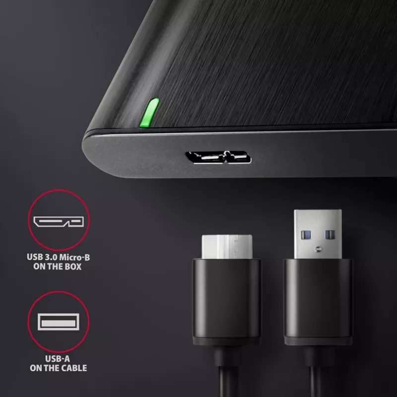 AXAGON EE25-A6M išorinis HDD/SSD dėklas – 2,5 colio SATA, USB 3.2 Gen 1 (5 Gbit/s), Micro-USB B į USB Type-A, aliuminis, juodas