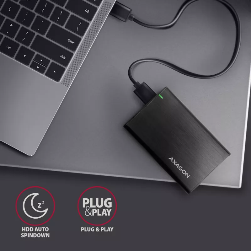 AXAGON EE25-A6M išorinis HDD/SSD dėklas – 2,5 colio SATA, USB 3.2 Gen 1 (5 Gbit/s), Micro-USB B į USB Type-A, aliuminis, juodas