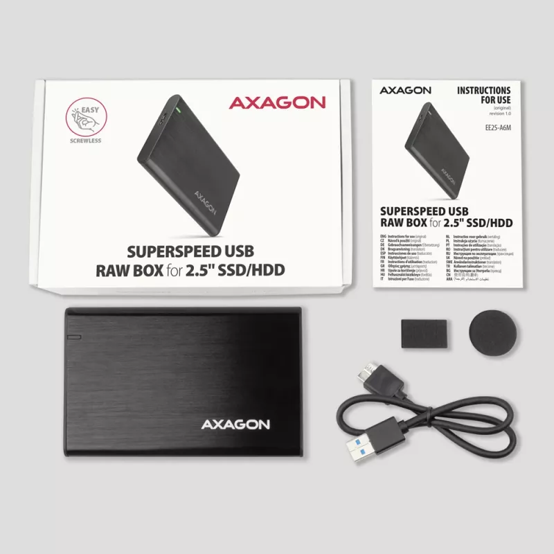 AXAGON EE25-A6M išorinis HDD/SSD dėklas – 2,5 colio SATA, USB 3.2 Gen 1 (5 Gbit/s), Micro-USB B į USB Type-A, aliuminis, juodas