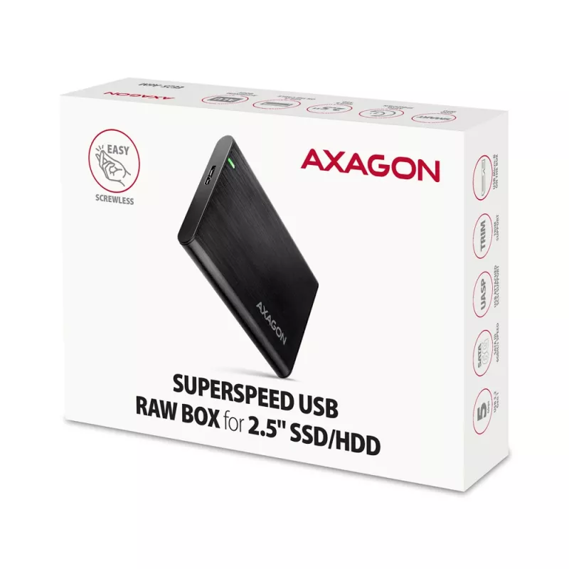 AXAGON EE25-A6M išorinis HDD/SSD dėklas – 2,5 colio SATA, USB 3.2 Gen 1 (5 Gbit/s), Micro-USB B į USB Type-A, aliuminis, juodas