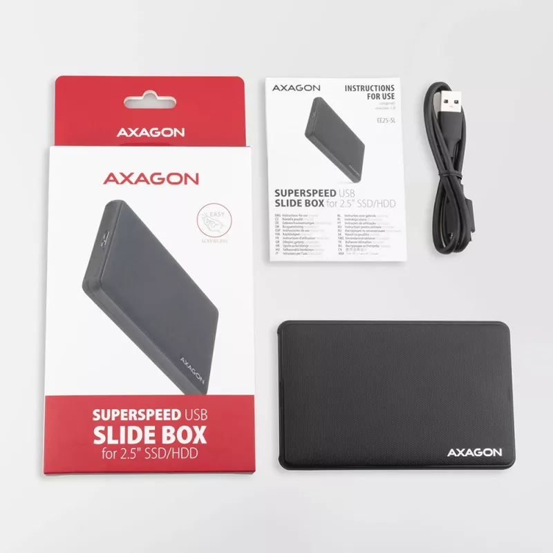 Axagon EE25-SL Išorinis dėklas be varžtų USB 3.2 Gen 1 - SATA 6G 2,5 colio SSD/HDD