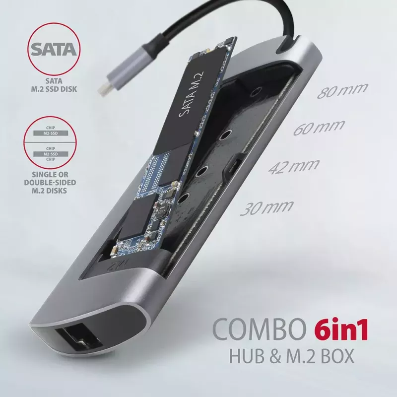 Axagon HMC-6M2 USB 3.2 Gen 1 šakotuvas, 2x USB-A, HDMI, RJ-45, SATA M.2, PD 100W, USB-C kabelis