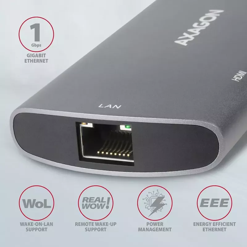 Axagon HMC-6M2 USB 3.2 Gen 1 šakotuvas, 2x USB-A, HDMI, RJ-45, SATA M.2, PD 100W, USB-C kabelis