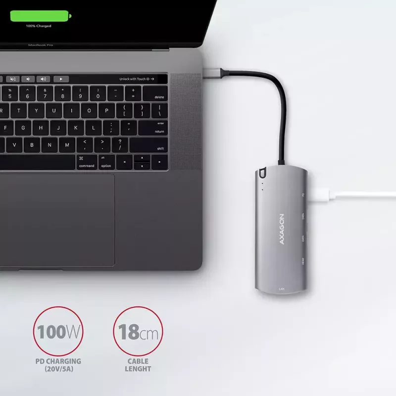 Axagon HMC-6M2 USB 3.2 Gen 1 šakotuvas, 2x USB-A, HDMI, RJ-45, SATA M.2, PD 100W, USB-C kabelis