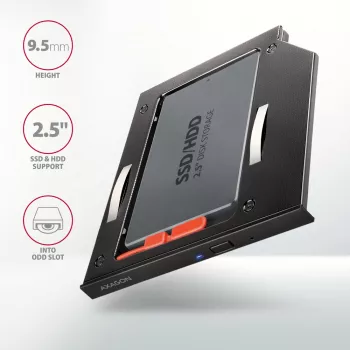 Axagon RSS-CD09 2.5 inch SSD/HDD adapteris į DVD lizdą 9.5 mm LED ALU sąsajos kortelės/adapteris vidinis SATA