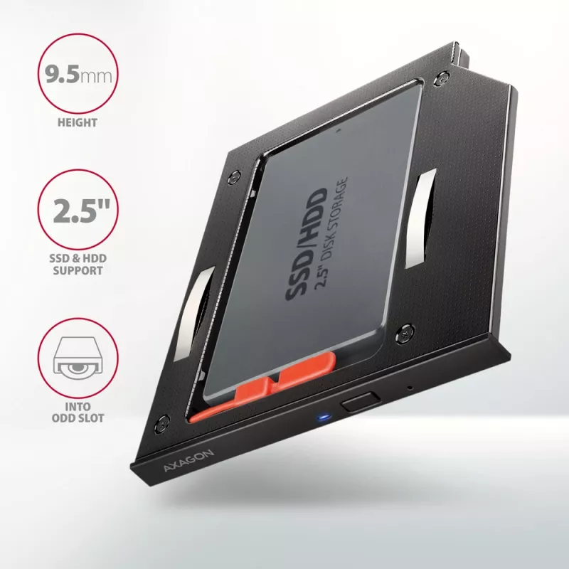 Axagon RSS-CD09 2.5 inch SSD/HDD adapteris į DVD lizdą 9.5 mm LED ALU sąsajos kortelės/adapteris vidinis SATA